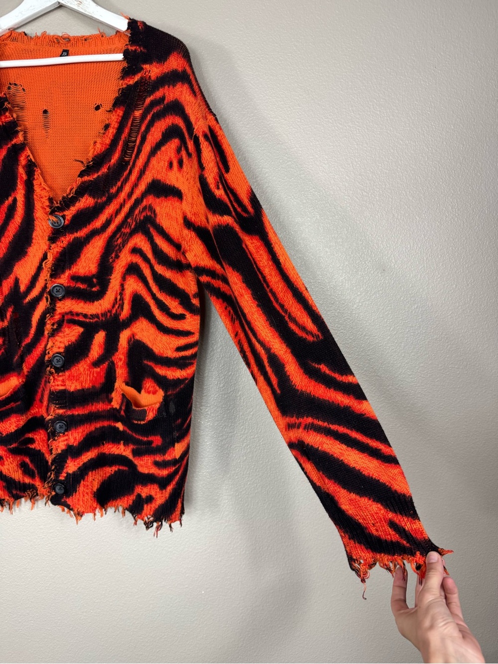 R13 Distressed Raw Edge Button Up Cardigan Sweater Tiger Stripe - Picture 5 of 9